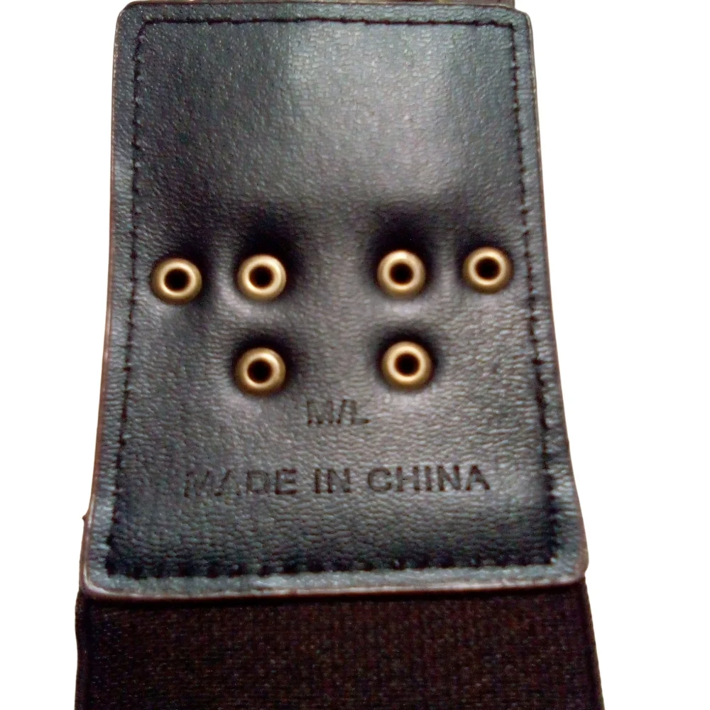 Belt Women Brown Boho Western Faux Leather Double Buckle Brass Studs Stretch M/L